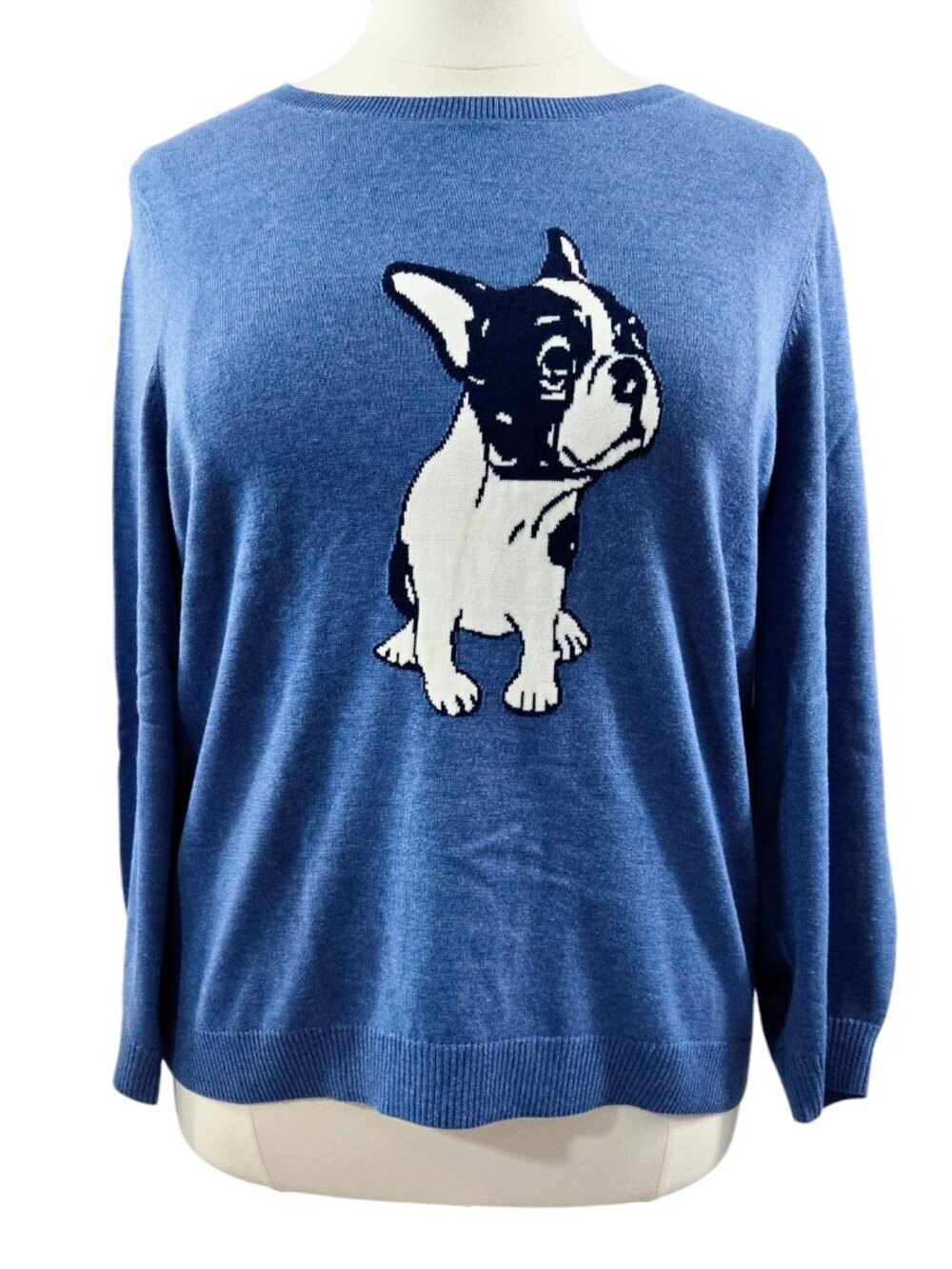 Talbots Frenchie Blue French Bulldog Intarsia Knit Crewneck Sweater Whimsical